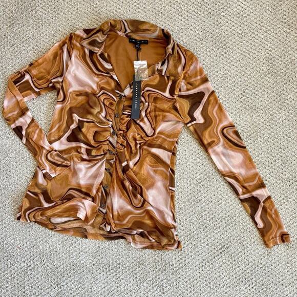 Jane + Delancey M Mesh Marbled Button Up Blouse Long Sleeve Ruched Casual Shirt - Picture 2 of 9